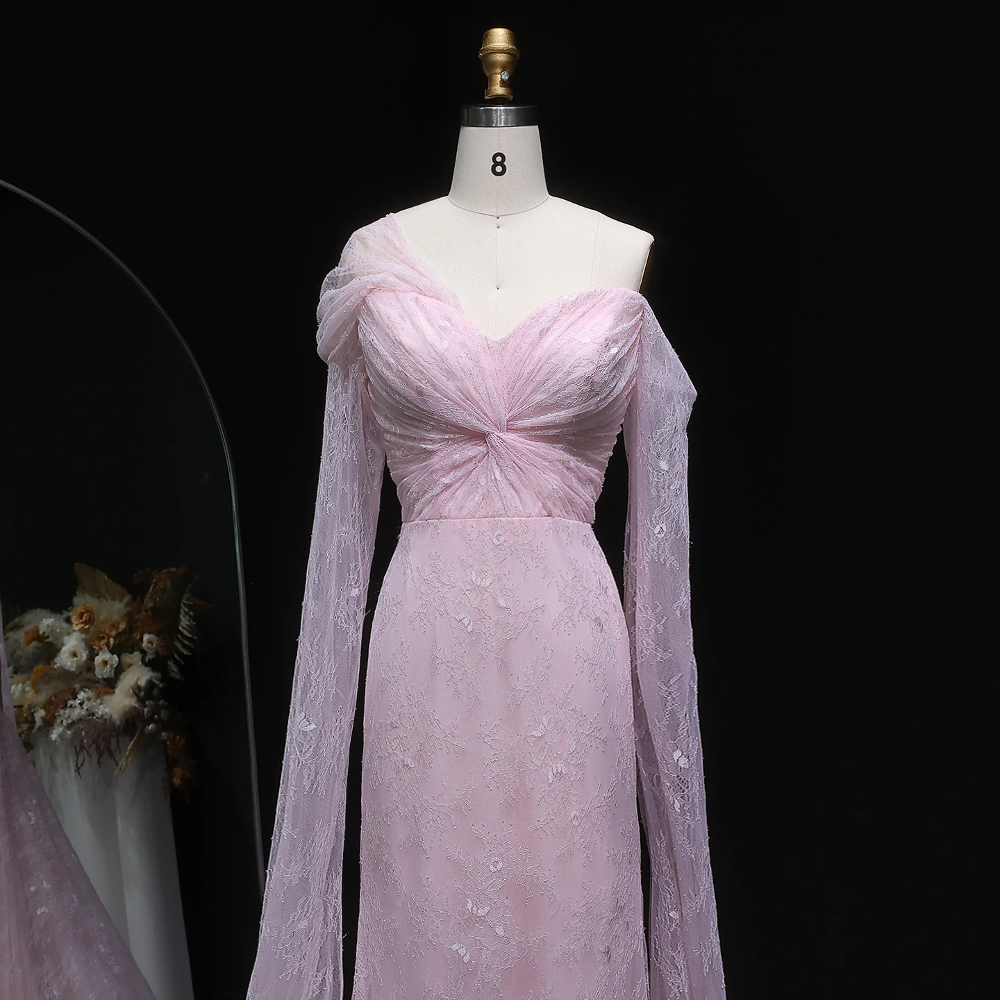 Sharon Said Purple One Shoulder Lace Evening Dress with Cape Long Sleeves for Woman Wedding Arabic Prom Gown SF055 Customized image 5