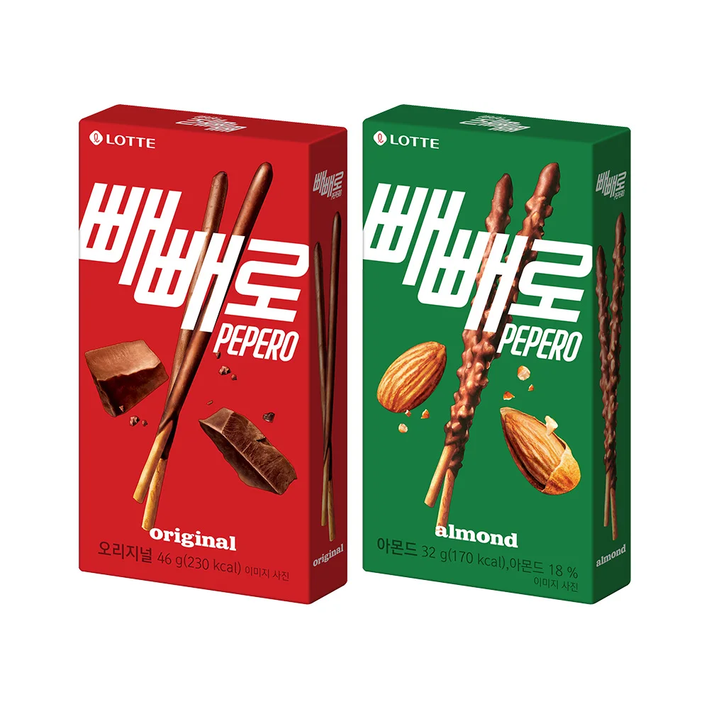 Lotte Well Food Chocolate Pepero 46G X 20 pieces + Almond Pepero 32G x 20 pieces