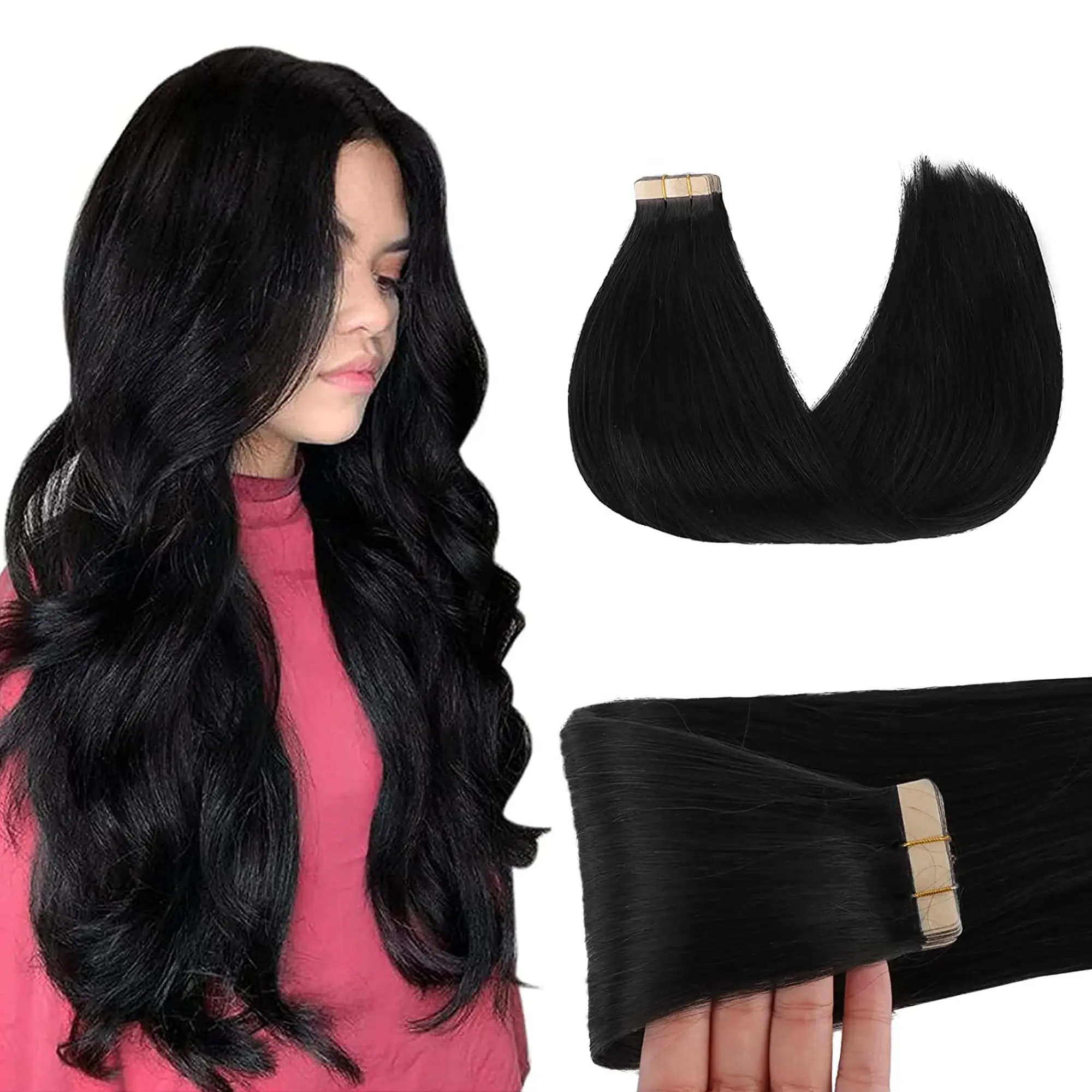 Tape In Hair Extensions Menselijk Haar # 1b Zwart 50G Per Pak Dikke Uiteinden Rechte Naadloze Tape In Onzichtbare Tape In Hair Extensions