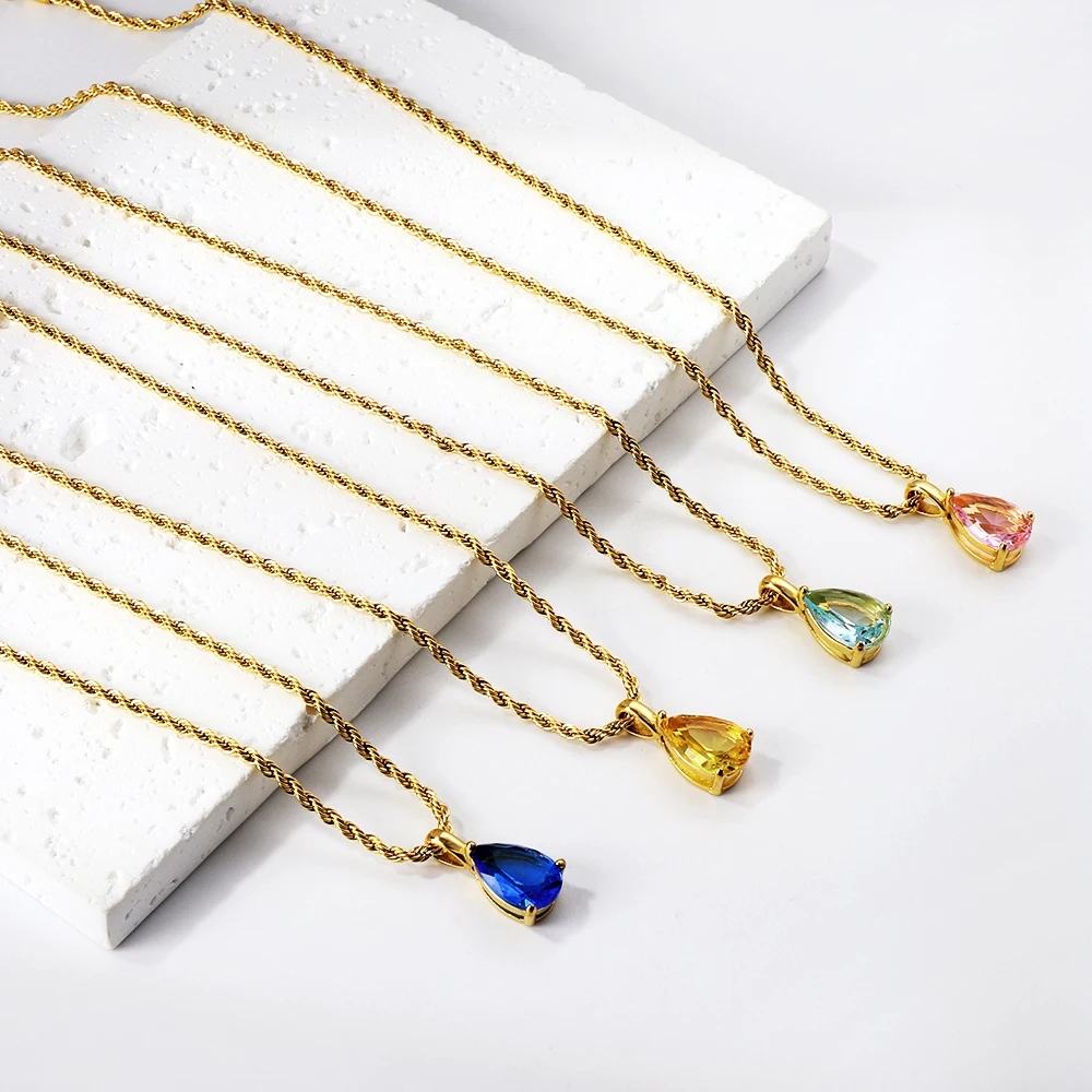 LUXUKISSKIDS Vintage CZ Water Tear Drop Zirconia Pendant Necklace Stainless Steel Colorful Pink Crystal Choker y2k Girl Jewellry