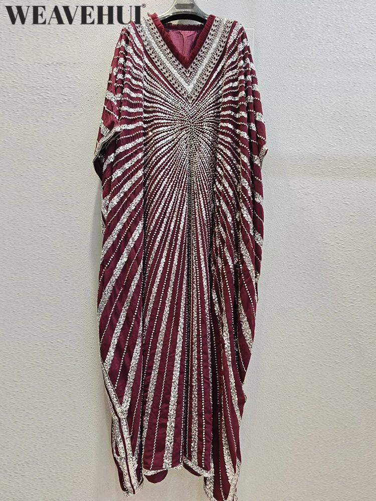 

WEAVEHUI Women Summer Bohemian New model Maxi Dresses V-Neck Batwing Sleeve Looose Waist Beading Sequins Design