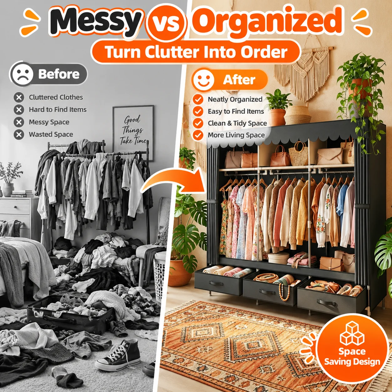 Portable Clothes Organizer for Small Spaces Sturdy 16mm Metal Frame 3 Cubes 3 Hanging Areas 3 Drawers Dust Proof Closet