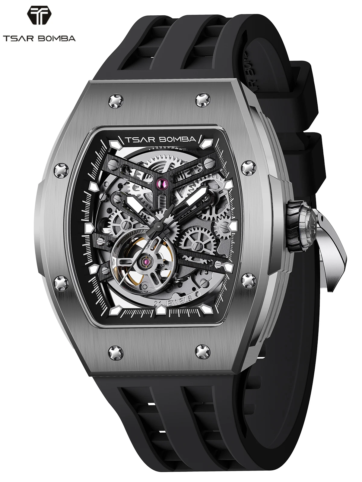

Мужские автоматические механические часы TSAR BOMBA, бочкообразной формы, роскошные скелетонизированные наручные часы с корпусом из титанового сплава — идеальный подарок.
