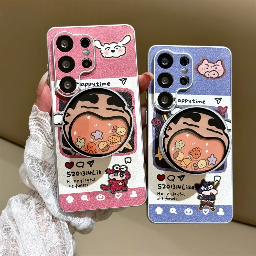 Cute Crayon Shin-Chan Leather Phone Case for Samsung Galaxy S26 Ultra S25 Plus S24 25 S26 Cover With Magsafe Stand Chain Cases