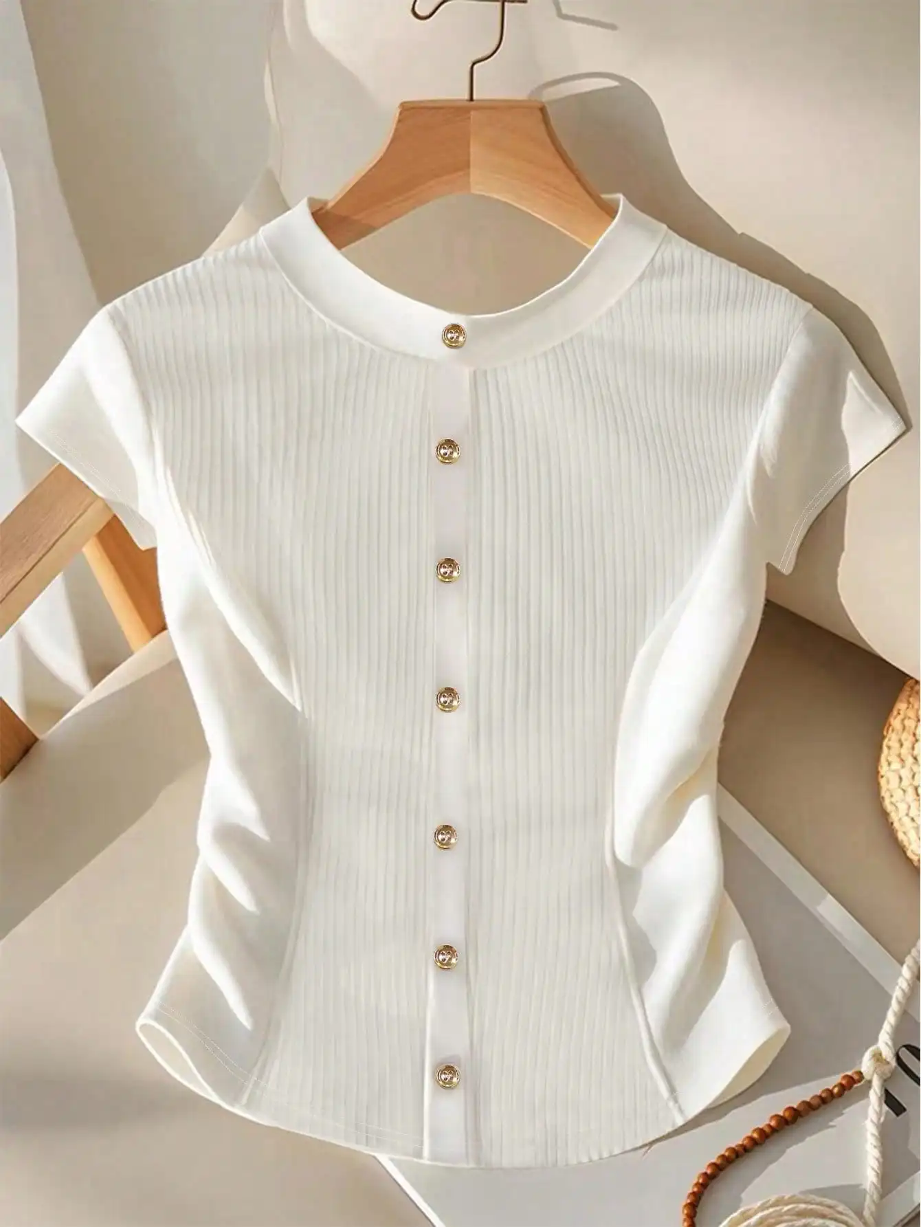 

Chic Plus Size White Ribbed Knit Blouse Stand Collar Button Down Fitted Commute Outfit