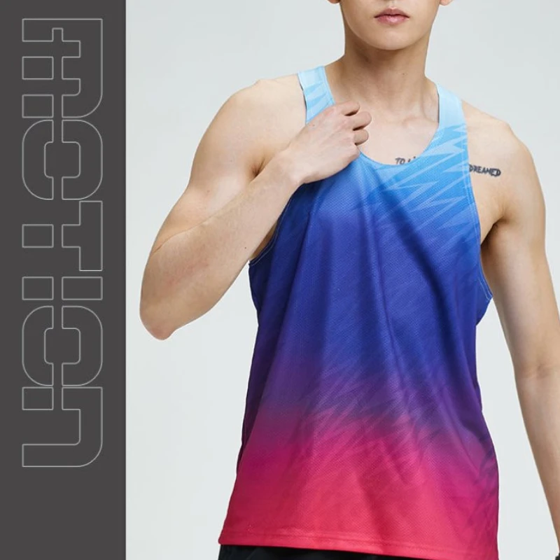 Gradient Color Sports Marathon Singlet for Men High Quality Quick Dry Gym Fitness Running Tank Tops Man Exercise Training Vest