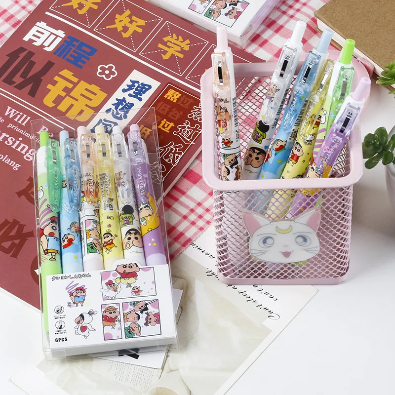 Crayon Shin-chan Black Gel Pen 6Pcs Cartoon Student Stationery Cute Math Pen, School Office Supplies