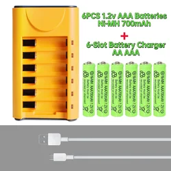 6PCS 1.2V AAA NiMh 700mah Button Top Rechargable Batteries + 6 Bay Battery Charger for Remote Control Computer Mouse Keyboard