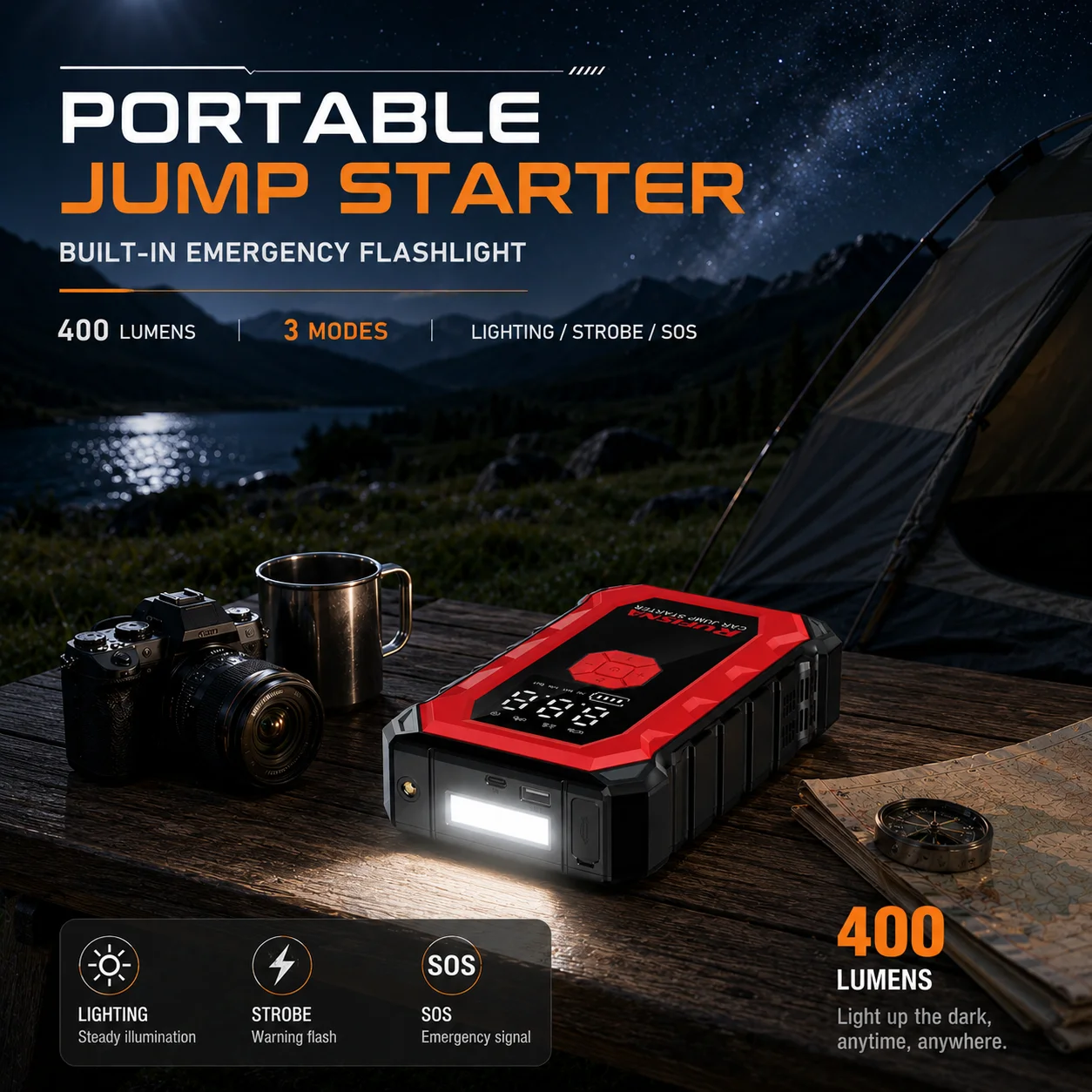 RUFISNA 3000A Peak Car Jump Starter with 150 PSI Tire Inflator, 12V Portable Battery Jump Box & Power Bank, Jumper Cables with USB Port and LED Flashlight, Emergency Rescue Tool for Gas Cars, SUVs, Trucks & Large Engines