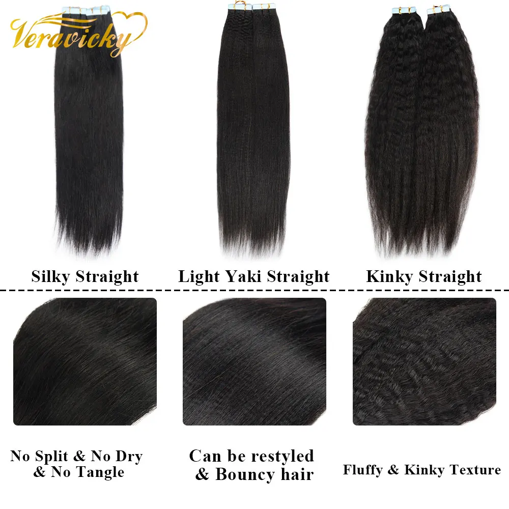 Veravicky-extensiones de cinta Yaki Light, cabello humano Remy negro Natural de 50g-200g, tejido de seda Yaki, cinta recta HGT Ins de 14-24 pulgadas