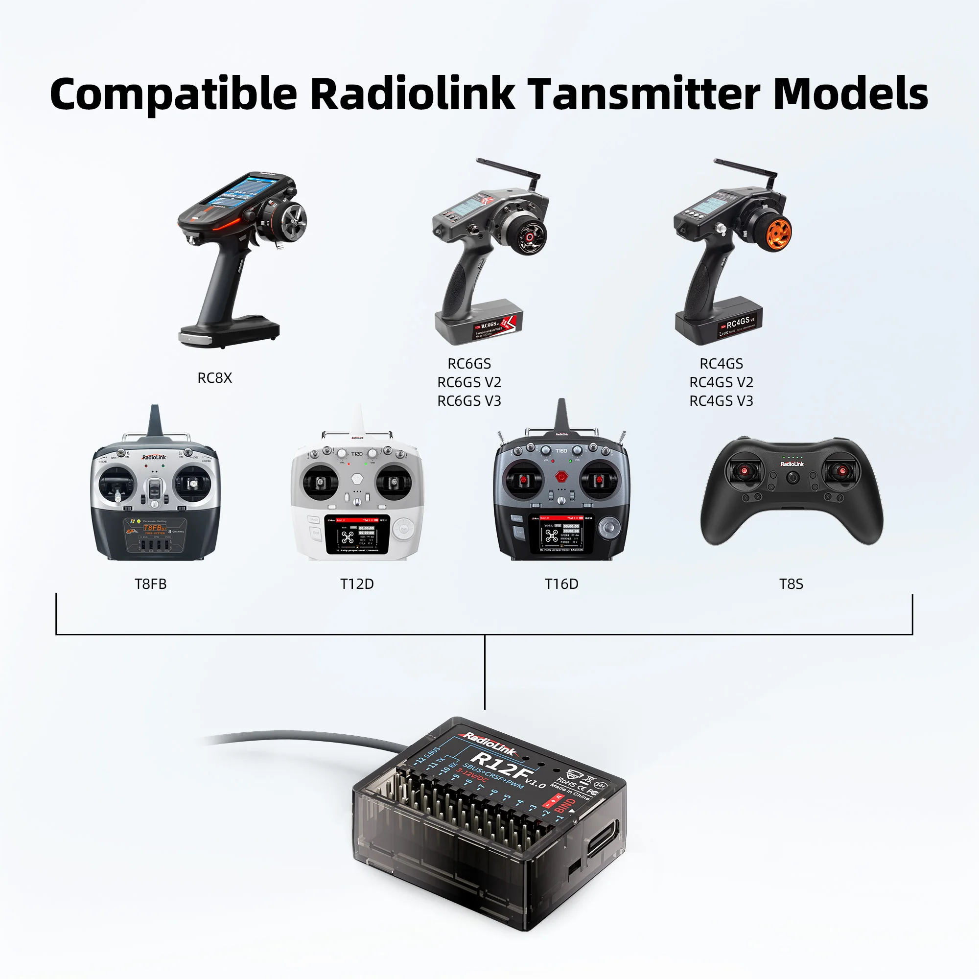 Radiolink R12F 12-Kanal-RC-Empfänger, integriertes Simulatorprogramm für RC-Flugzeuge, Jet, Auto, Boot für 2,4 GHz Funkfernbedienung