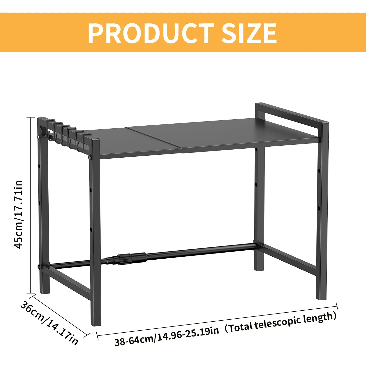 1 Stück Ausziehbares Mikrowellen-Aufbewahrungsregal, Platzsparender Küchenutensilien-Organizer für die Arbeitsplatte, Küchenzubehör Metallregal mit 6 Haken, Ausziehbar 40-64cm