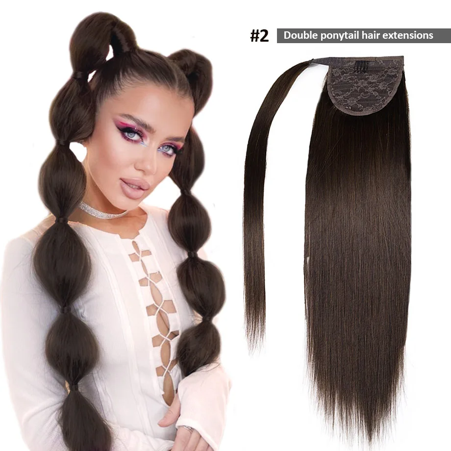 

Double Ponytail Hair Extensions Real Human Hair 2pcs/pack Straight Pony Tails Invisible Magic Paste Clip In Ponytail Extensions