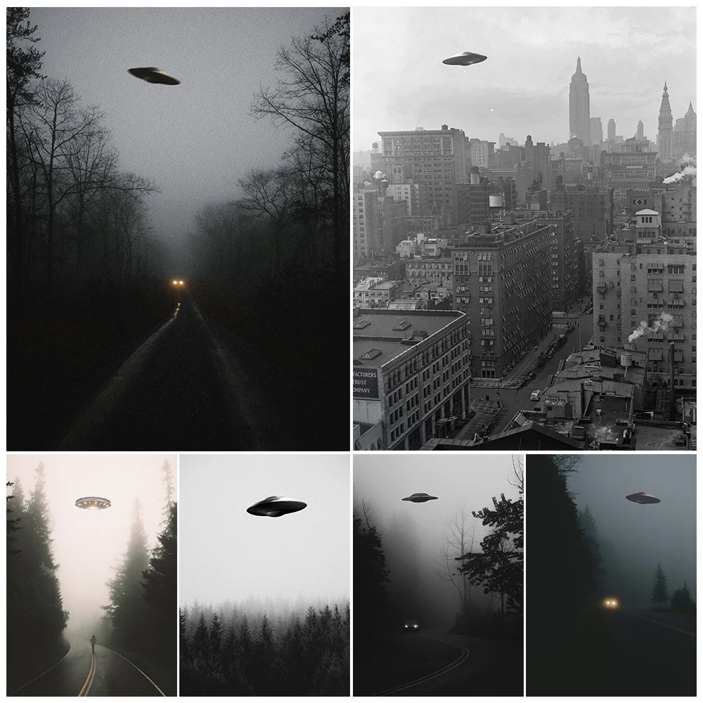 

Black-White Flying Saucer Retro Photography Wall Art Canvas Painting Flying Saucer (Ufo) Above A Forest Art Poster Print Decor