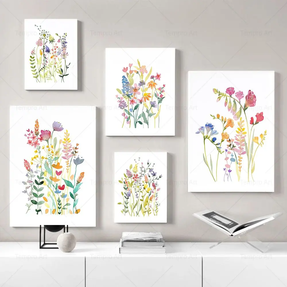 

Watercolor Wildflower Flower Poster Colorful Floral Prints Plant Wall Art Canvas Painting Wall Pictures for Living Room Decor