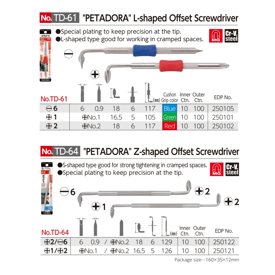 VESSEL Z / L-shaped Offset Screwdriver 1Pcs for Phllips and Slotted for Cramped Spaces Repair Hand Tools NO.TD-61/NO.TD-64/NO.25