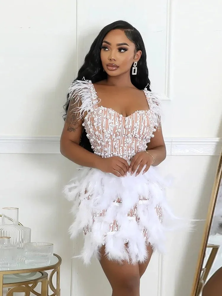 Wmstar Women Dresses New Nail Bead Feather V-neck Waist Cinched Short Luxurious Haute Couture Party Dress Wholesale Dropshipping — zdjęcie 2