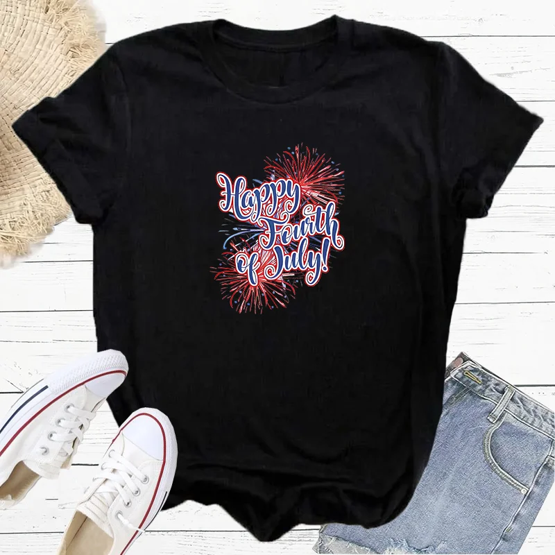 American Flag Short Casual Stars and Stripes firework Firewo Fashion Sports Women's T-Shirt Harajuku Graphic Clothing Women's