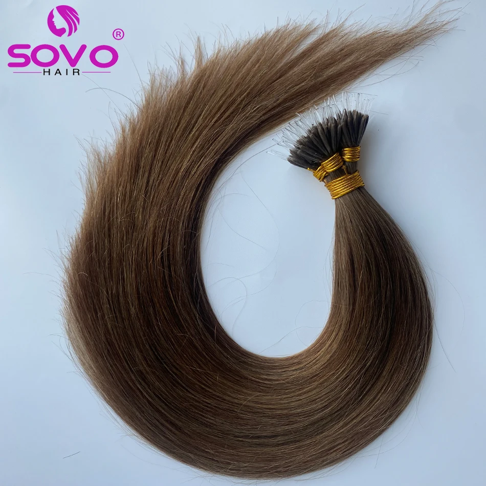 Crystal Hair Extensions 100% Human Hair Nano Keratin Straight European Elastic Ring Links Remy Human Hair Extensions  12-26 Inch