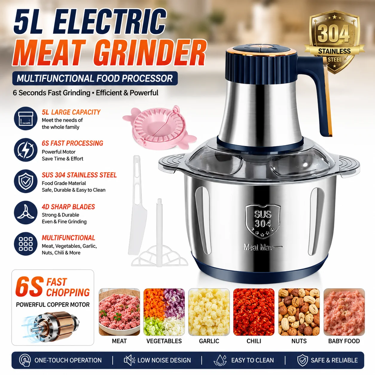 Hachoir à viande électrique 5L, robot culinaire multifonctionnel, coupe-légumes, hachoir à ail, hachoir à viande, machine à hacher pour la cuisine, appareil ménager, avec traitement rapide en 6 secondes et bol en acier inoxydable