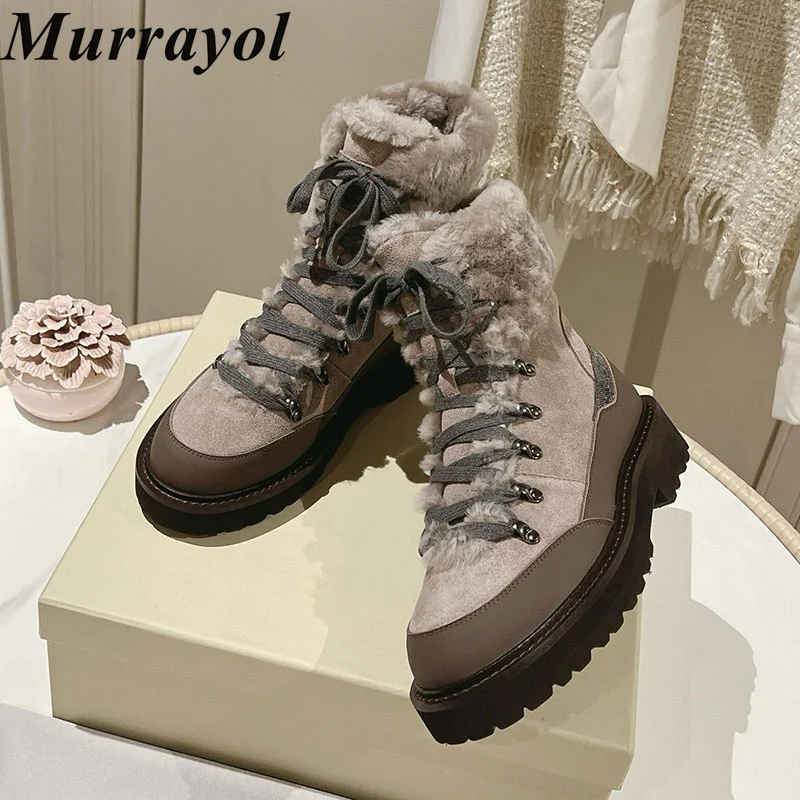 Snow Boots Women Real Leather Wool Lining Flat Thick Bottom Short Boots Winter Round Toe Lace Up Mid Calf Booties Vacation Shoes view 5
