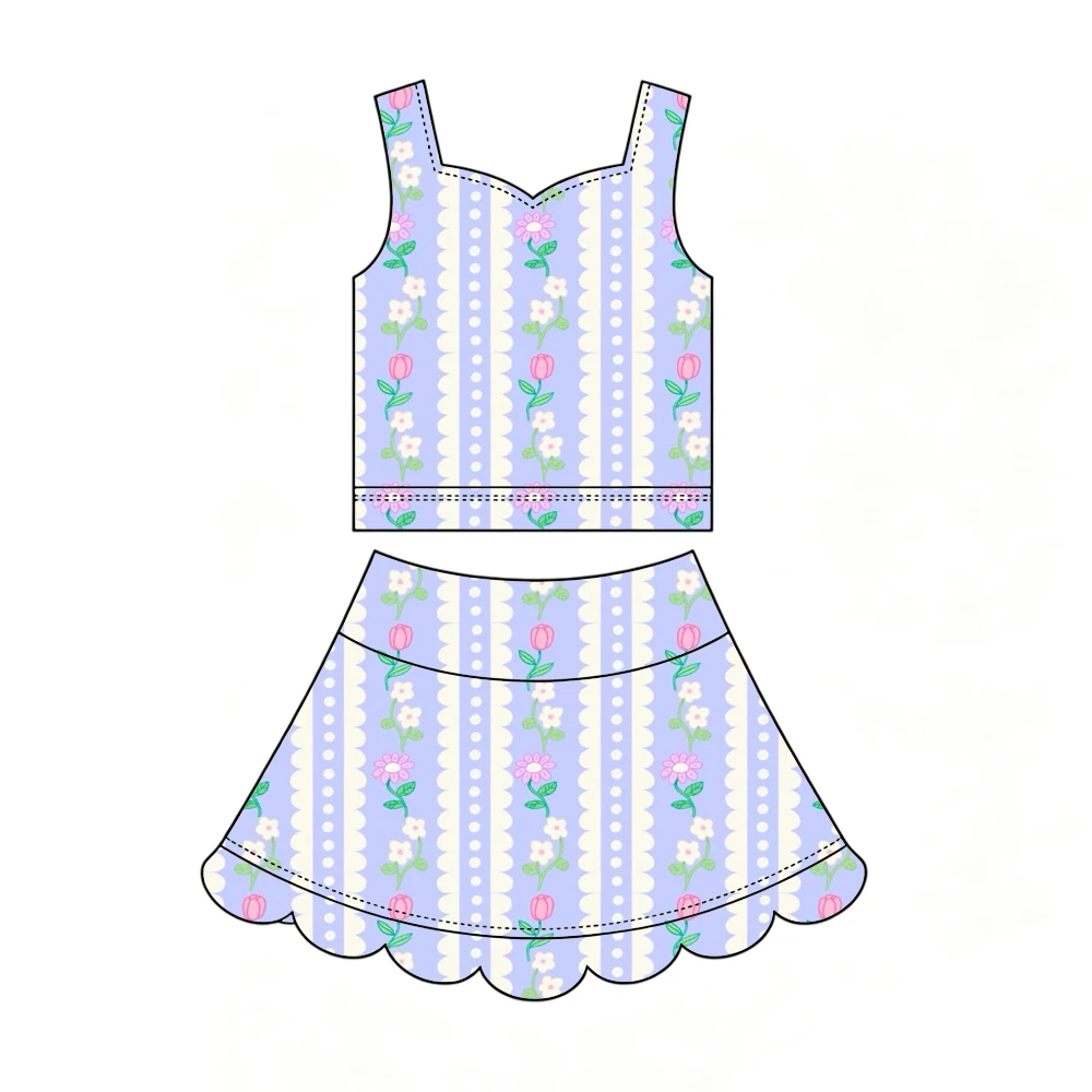 Hot-selling girls' outfit tank top paired fan-shaped short skirt and flowers strawberry print custom wholesale