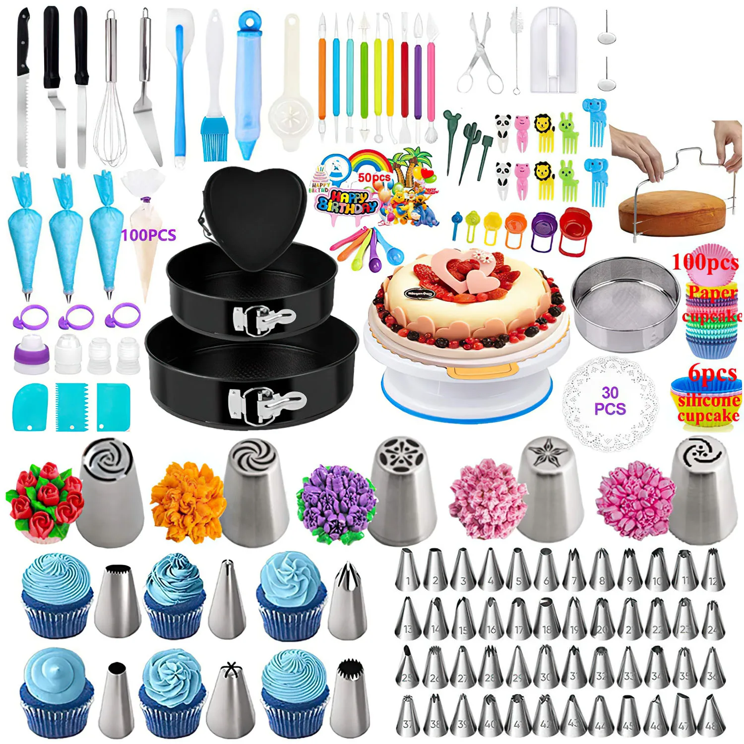 413-teiliges Cake- & Torten-Dekorset – mit Drehteller, Backformen, Spritzbeuteln, Tüllen, Glättern, Spateln, Teigschabern & 100 Papierförmchen – komplettes Back- & Dekorationsset für Kuchen, Torten &
