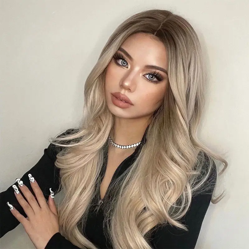 Perruque Lace Front Wig synthétique longue ondulée ombrée, cheveux naturels, brun, blond clair, 10%, Cosplay mixte, résistant à la chaleur, pour femmes