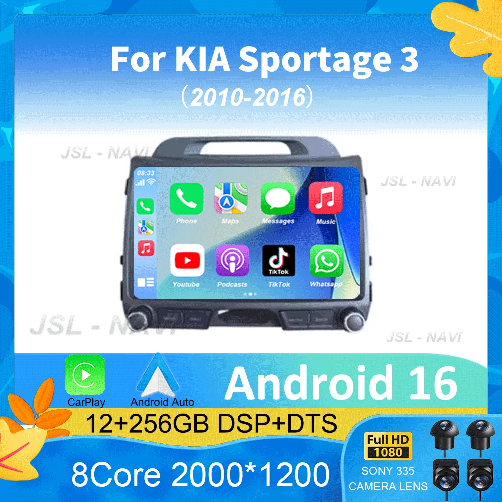 Android 16 For KIA Sportage 3 2010 - 2016 Car Multimedia Player GPS Navigation 9Inch QLED TouchScreen Wireless Carplay WIFI 4G