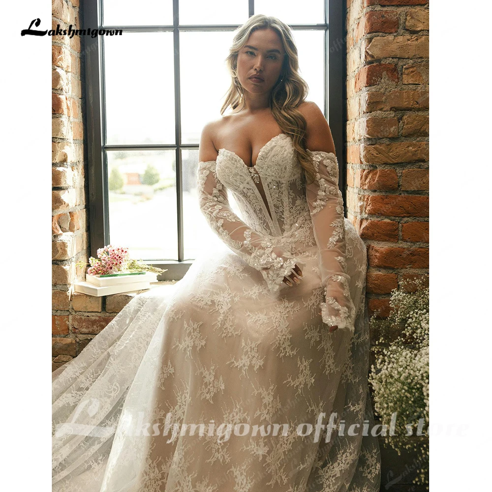 Lakshmigown Plus Size Hochzeitskleid Off-Shoulder A-Linie Spitzenapplikationen Lange Ärmel Exquisite Vestidos De Novia Maßanfertigung – Detail 8