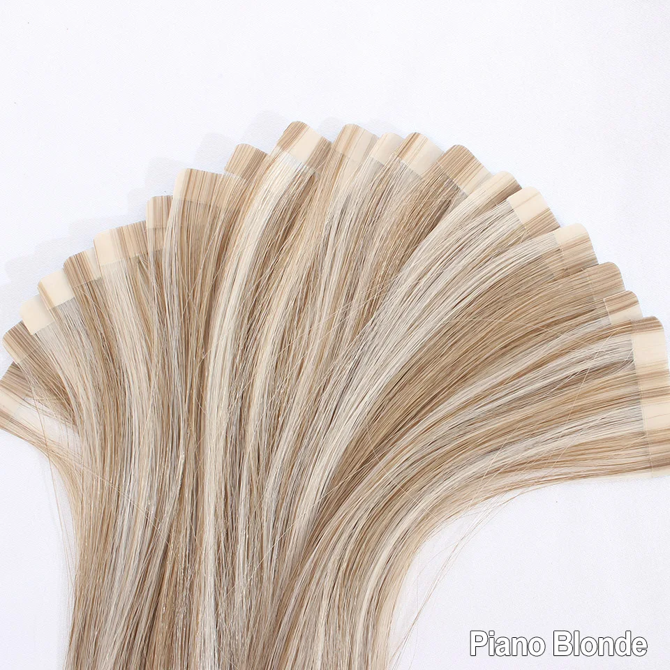 Blonde Tape-In-Bio-Kunsthaarverlängerungen, 20 Stück, 61 cm, 25 Gramm, hitzebeständige Fasern, gerade, nahtlos, PU-Hautschussband-Ins