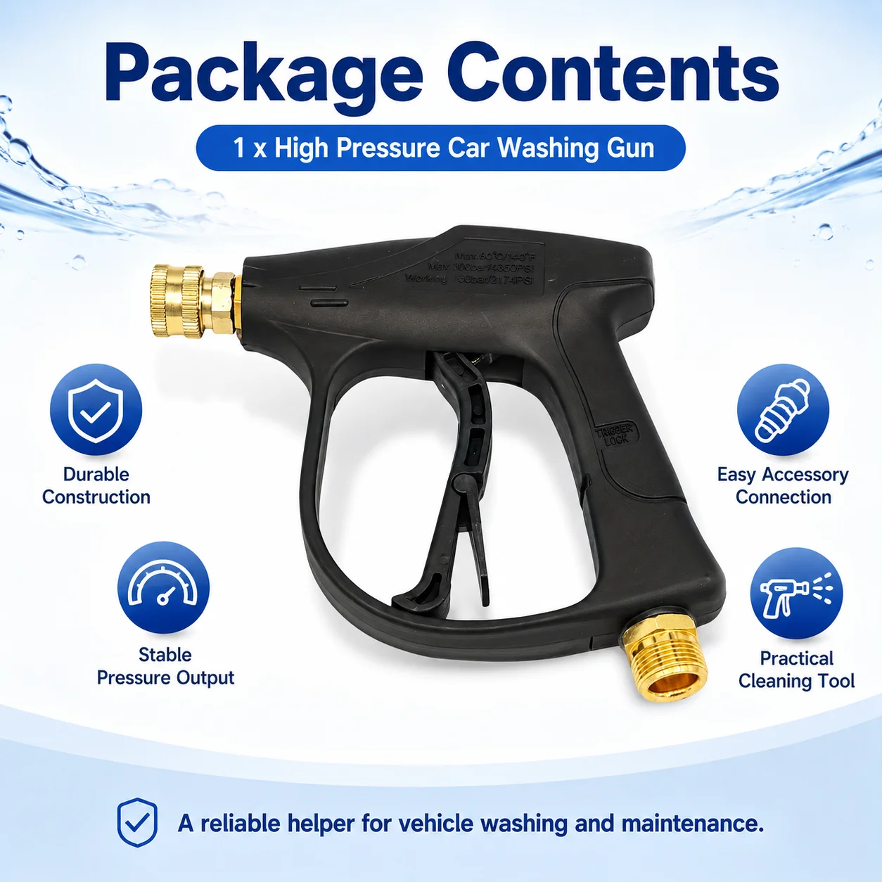 Pressure Washer Gun Car Washing Gun With 5pcs Soap Spray Nozzles 14mm M22 Socket 1/4