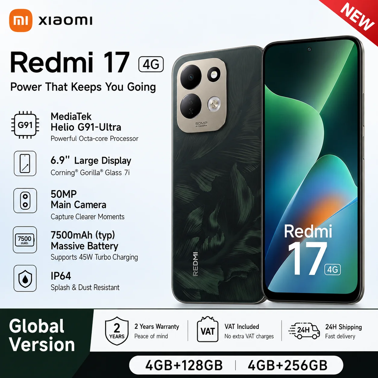 Xiaomi Redmi 17 Smartphone 4G Xiaomi HyperOS 3 MediaTek Helio G91-Ultra 7500mAh Pantalla de 6.9" 120Hz NFC Cámara de 50MP Carga rápida de