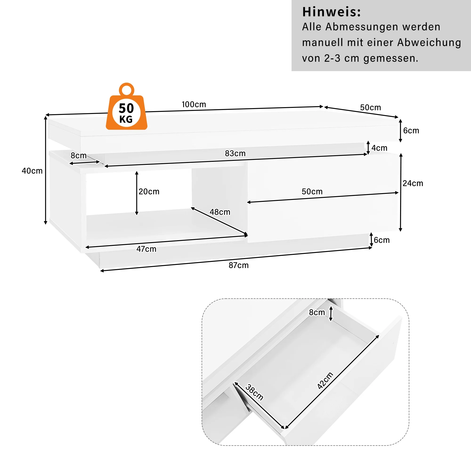 Moderne hoogglans salontafel met LED-verlichting, 100x50x40,3 cm - Elegante tafel met lade en draagvermogen van 50 kg