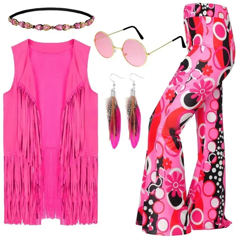 Jaren '70 Kostuum voor Vrouwen Disco Outfits Hippie Accessoires Fringe Vest Boho Uitlopende Broek Set 2023 Nieuwe Stijl Cosplay Kostuum Vrouwen - afbeelding 2