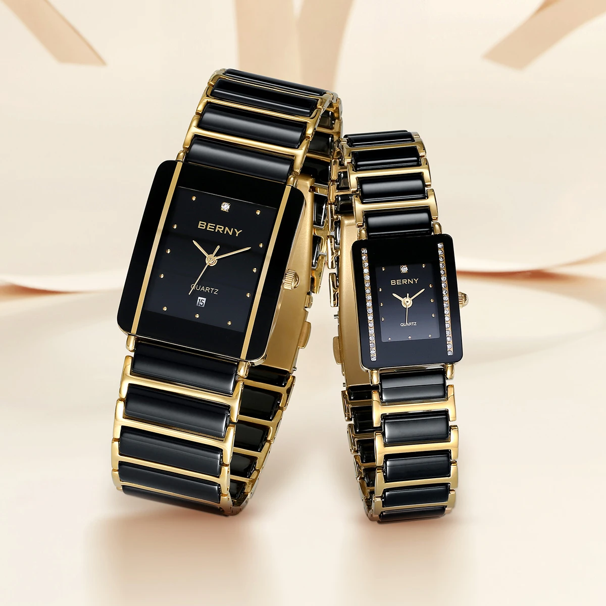 Berny Merk Keramische Vrouwen Quartz Horloge Goud Japan Berny Xv12 Quartz Mode Koper Case Luxe Armband Dames Polshorloge