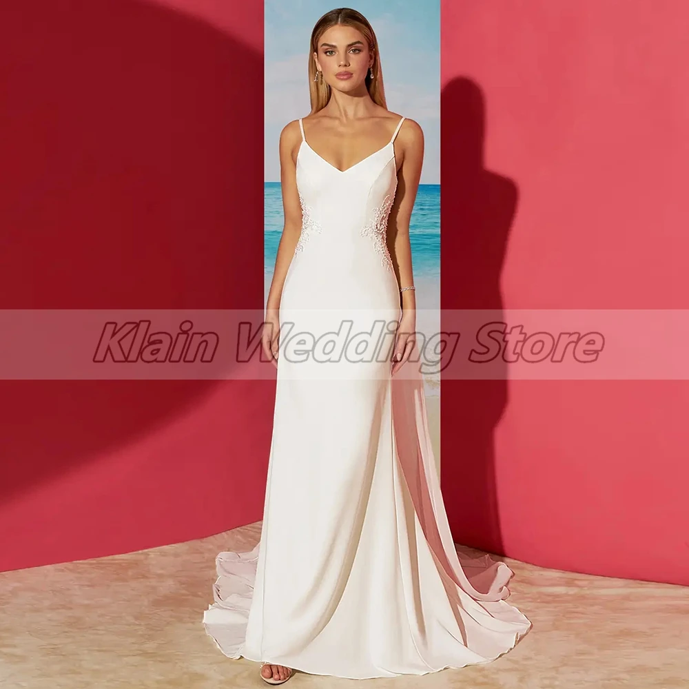 Abito da sposa senza maniche in chiffon da spiaggia bohémien personalizzato per la sposa Abiti da sposa sexy con scollo a V e spalline con nastri e