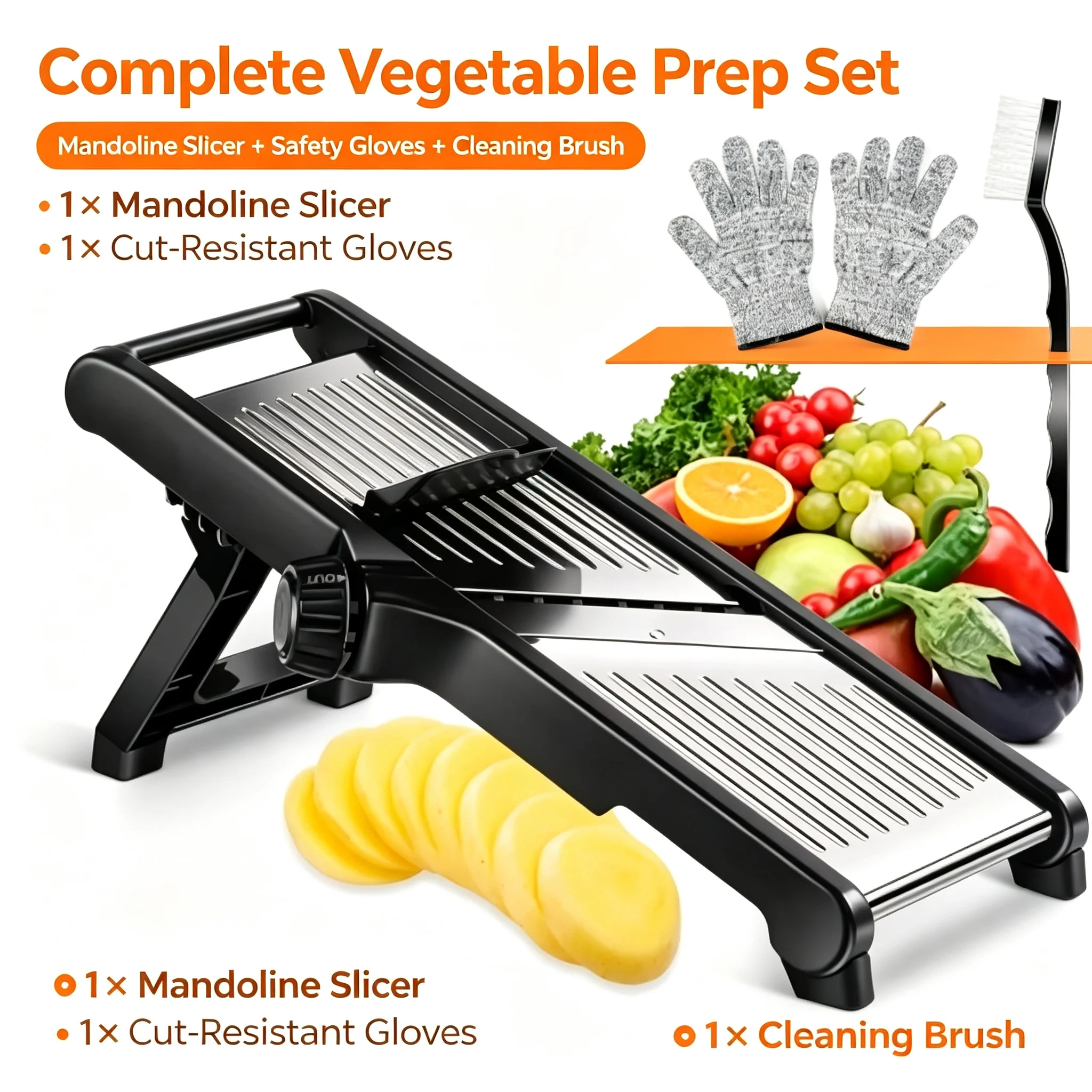Multi-functional Stainless Steel Mandoline Slicer | 5 Replaceable Blades, Food Holder & Safe Hand Guard, Vegetable Fruit Cutter Chopper