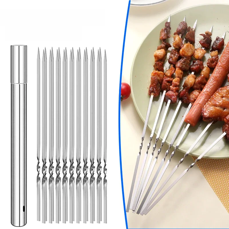10/20 Stuks Rvs Barbecue Spies Herbruikbare Platte BBQ Naald Stok Barbecue Gereedschap voor Outdoor Camping Party Accessoires - afbeelding 2