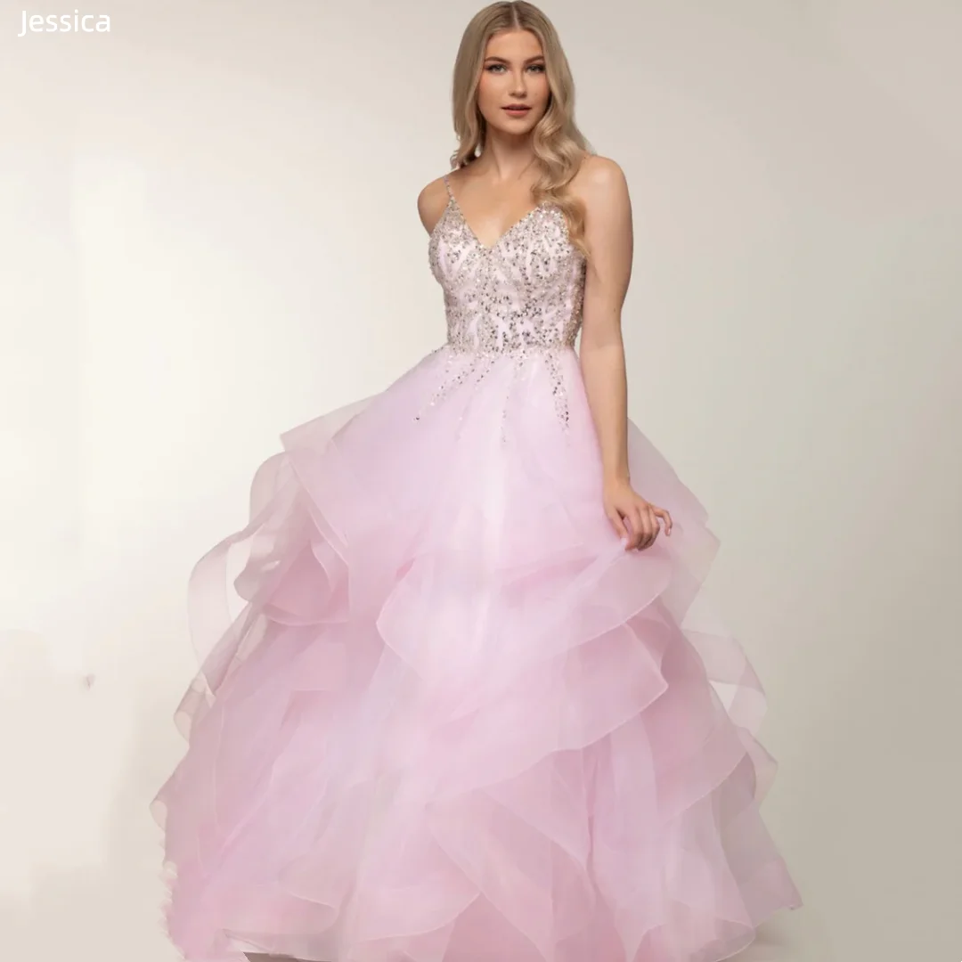 

Jessica Pink Princess Evening Dresses Glitter Sequin Embroidery Prom Dresses Fluffy Sheer Multi-layered Fabric Party Dresses