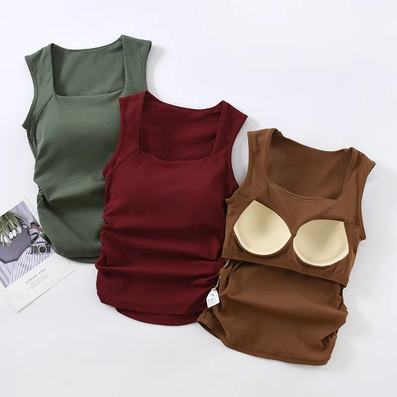 Women's Camisole Sleeveless with Built-in Padding Sexy Shirring Basic Layer Tops Solid Color Casual Slim Female Outwear C6009