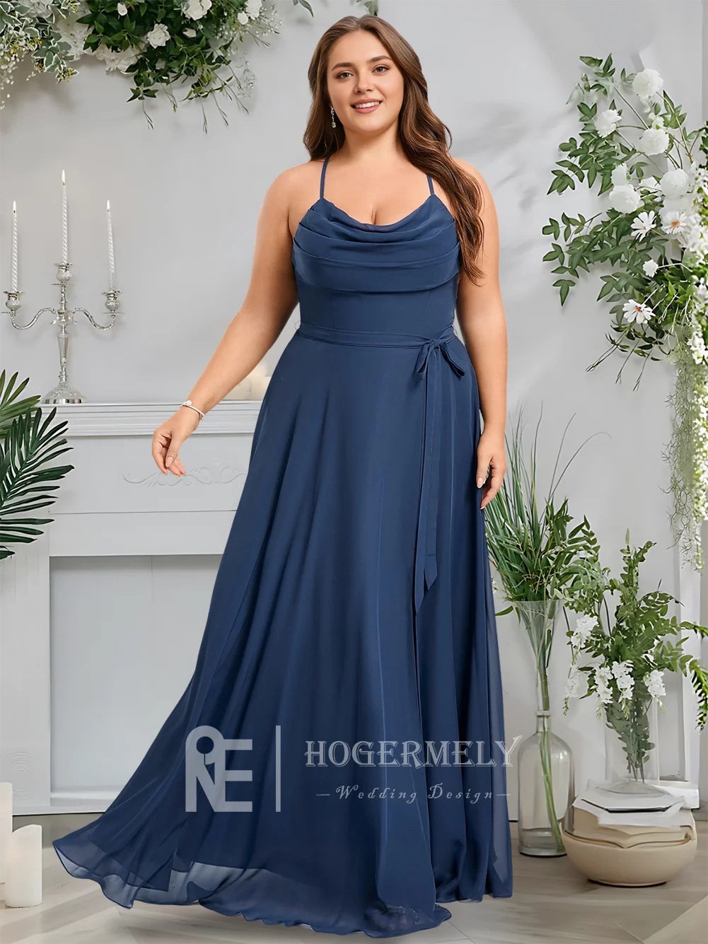 أ ​ فساتين وصيفة العروس أنيقة باللون الأزرق الداكن ورقبة واسعة بطول الأرض شيفون مع وشاح كشكش لحفلات الزفاف فستان الضيوف 2025 ​