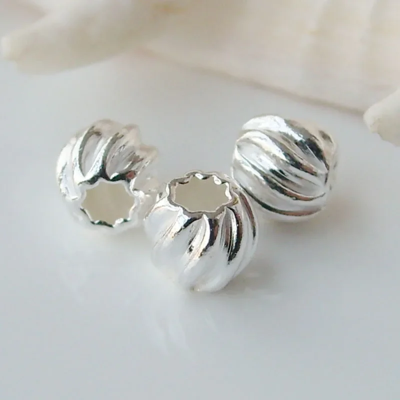 Sterling srebrne koraliki, stałe 925 sterling silver okrągły z tektury falistej koraliki modułowe na naszyjnik/bransoletka biżuteria, 1 sztuka — zdjęcie 2