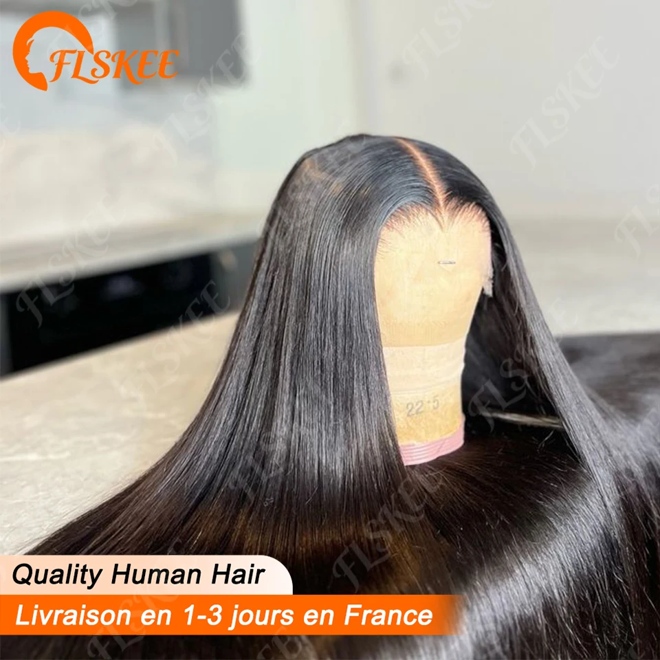 Parrucca frontale in pizzo con capelli umani FLSKEE, densità 200%, liscia, da 30, 32, 34 pollici, pre-strappata, per donna