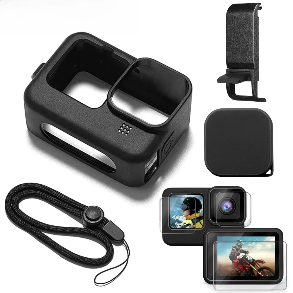 Coque en silicone pour GoPro fore12 11 10 9, protecteur d'écran en verre noir Guatemala, film de protection, couvercle de capuchon d'objectif pour Go Pro 11