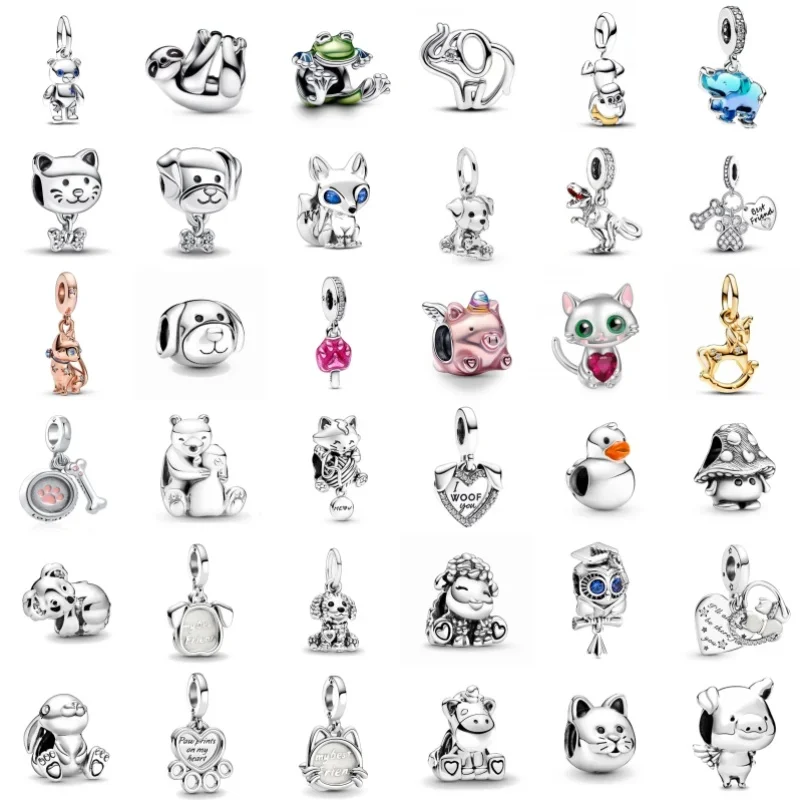 925 Sterling Silver Pendant for Women, Elephant Charm, Frog, Dog Beads, Cat Paw, Fits Pulseiras