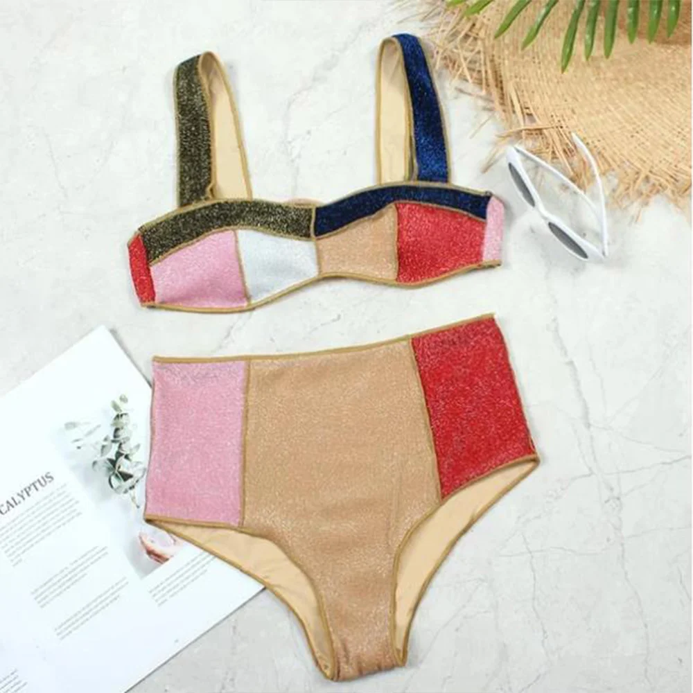 Women Two Piece Bikinis Fashion Color Block High Waist Swimsuit Push Up Separate Bandeau Triangle Vintage Bathing Suit swimming