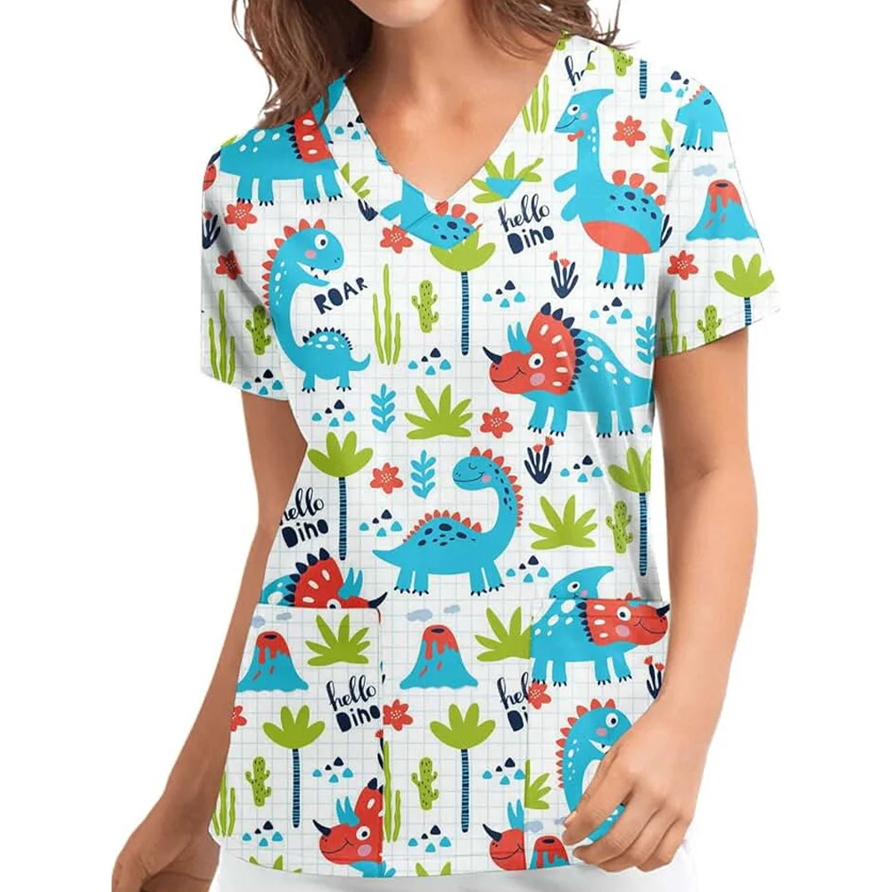 Love Print Scrubs Medical Uniforms Para Mujer Top Mate Con Cuello En V, Dental Uniforme De Enfermera Camisa De Manga Corta Monos