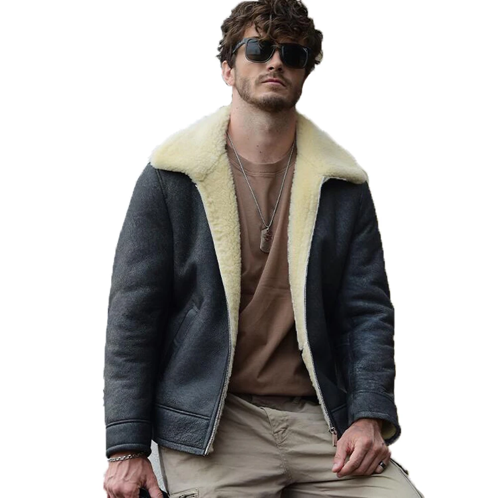 Denny&Dora Mens Shearling Jacket Lapel Collar Men Jacket Thick Warm Winter Coat Short Grey Leather Jacket