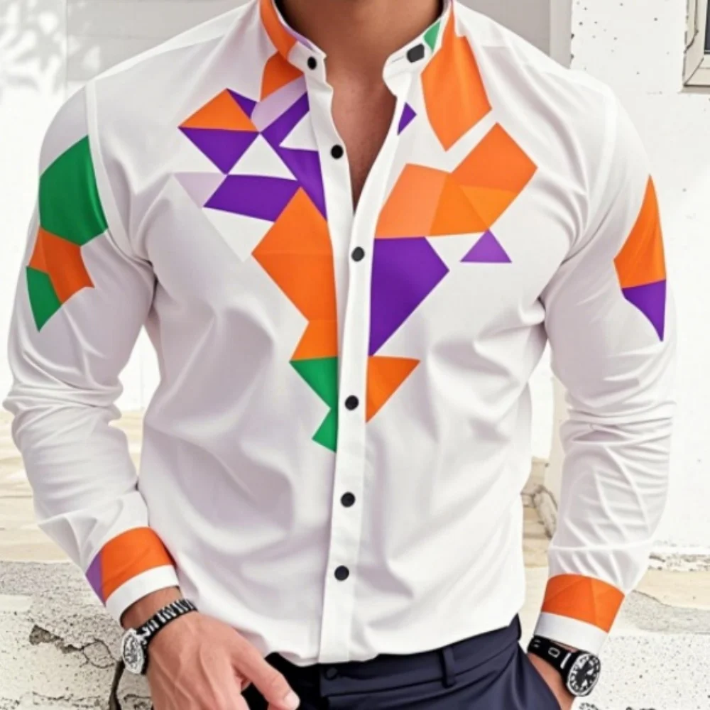 

New Men's Shirt Geometric Flower Shirt Pattern Print Outdoor Street Fashion Designer Casual Soft Hawaiian Long Sleeve Shirt